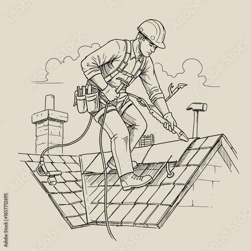 A dedicated craftsman diligently works on a home's sloped roof, employing a pressure washer for thorough cleaning and wearing protective equipment.