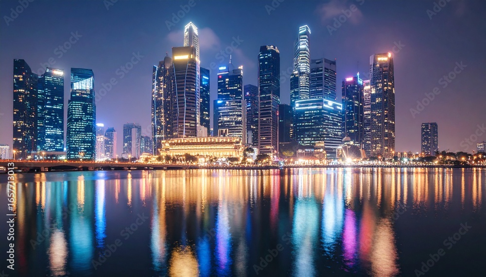 Naklejka premium Vibrant Singapore city skyline at night, featuring illuminated skyscrapers and their colorful reflections shimmering on the calm water.