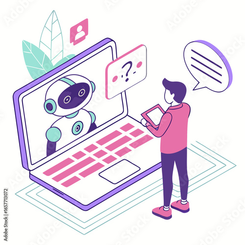 Man interacting with robot via laptop communication