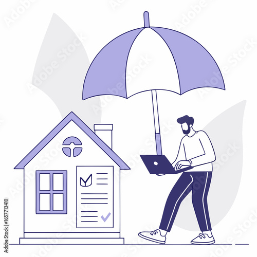 Man securing house with umbrella and laptop security