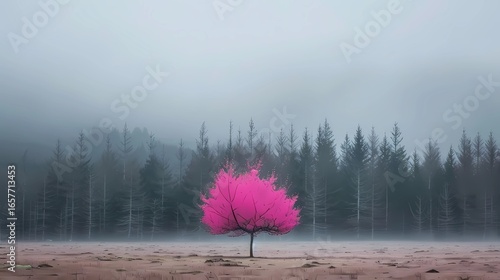 pink tre in a fog on forest background 
