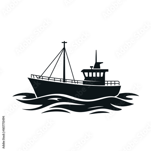 Fishing boat silhouette on the sea waves commercial fishing industry and maritime vessel vector design isolated on white background