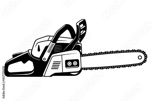 Black and White Chainsaw Illustration for Forestry Lumberjack Woodwork and Cutting with Detailed Vector Design for Safety and Construction