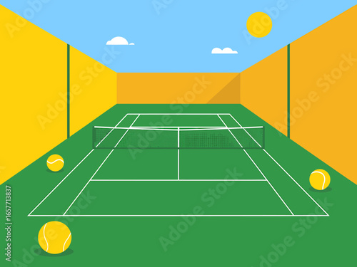 Tennis court vector illustration with balls net sunny sky and bright colors for sports and recreation themes