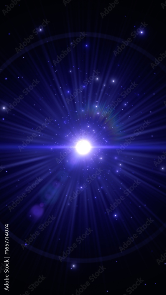 Naklejka premium blue space with light flare beams and shiny star dust , lens flare beams galaxy and night sky vertical social media background 