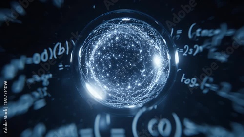 AI core floating inside glass sphere, surrounded by orbiting light particles and math equations