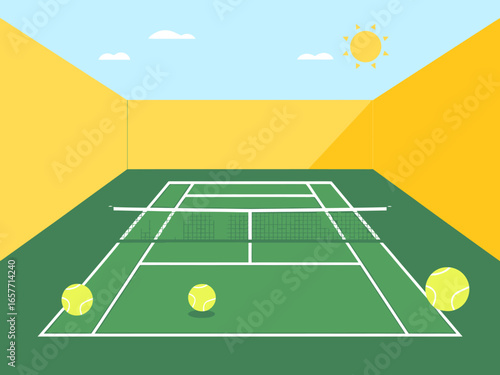 Bright sunny day at the tennis court with tennis balls waiting for the match to begin illustration