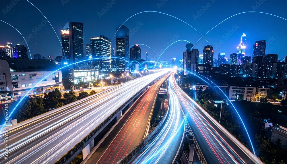 Naklejka premium Abstract digital network connections overlaying a busy city highway at night with light trails.
