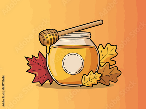Illustration of Honey Jar with Honey Dipper and Fall Leaves Autumn Harvest Still Life