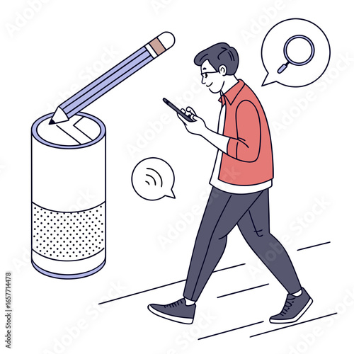 Man using smartphone near smart speaker and pencil