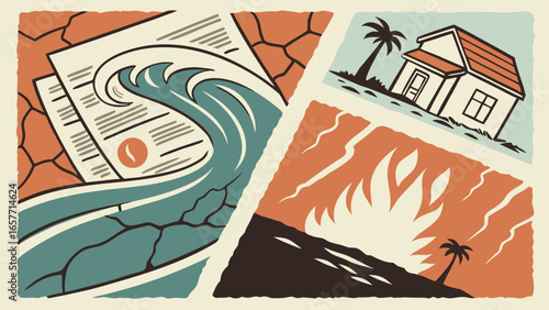 A vibrant illustration symbolizing natural disasters: tsunami waves, wildfire, and a deserted house with palm trees.