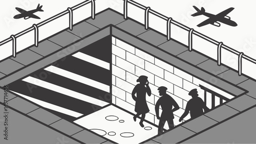 Three figures descend into a subway entrance while planes fly above, illustrating urban life and transportation dynamics.