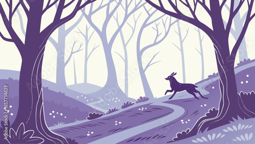 A solitary deer gracefully leaps through a mystical purple forest, embodying freedom and tranquility.