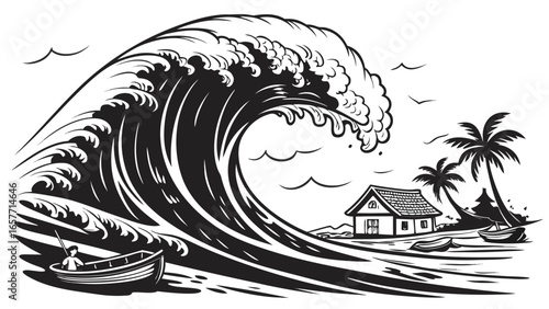 A dramatic black and white illustration of a towering wave threatening a serene beachside home.