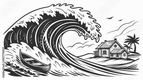 A dramatic illustration of a powerful wave crashing near a coastal house, with a boat in the foreground.