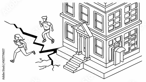 A man and a woman running away from a cracked building, depicting an emergency situation in a monochrome illustration.