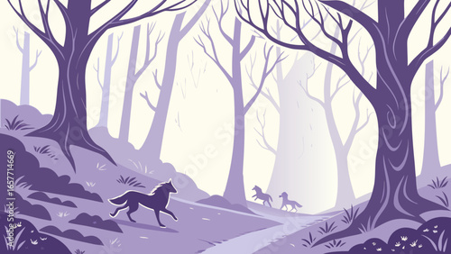 A mystical scene featuring three galloping horses in a serene, purple-toned forest.