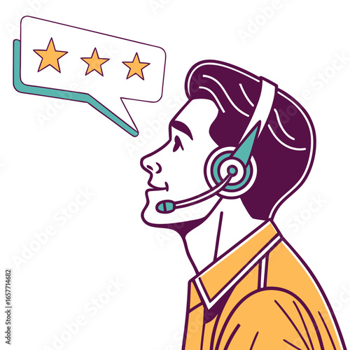 Man with headset and stars speech bubble communication