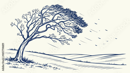 A solitary tree bends against a fierce wind, illustrating nature's resilience.