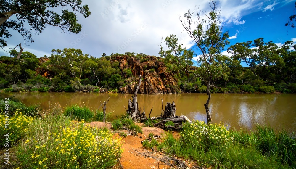 Fototapeta premium Sunny riverbank with wildflowers