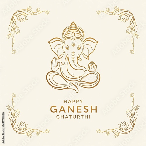 Elegant Gold Ganesha Line Art for Happy Ganesh Chaturthi with Lotus Flowers