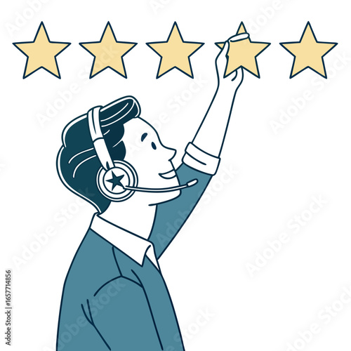 Man with headset placing star rating feedback