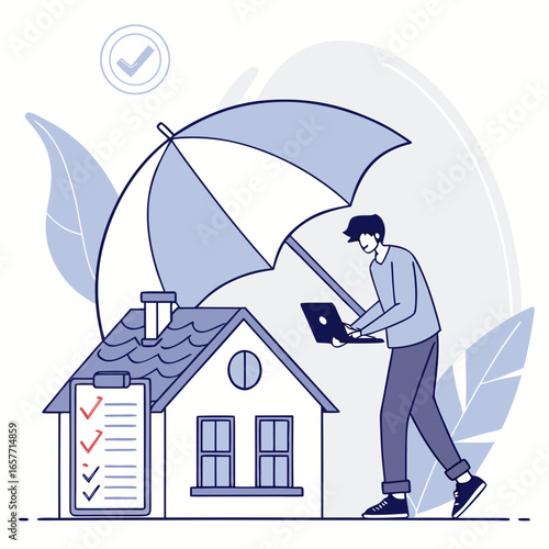 Man with laptop under umbrella protecting house protection