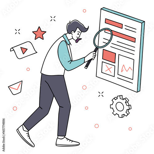 Man with magnifying glass examines screen search data