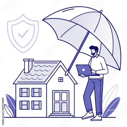Man with laptop under umbrella protecting house protection