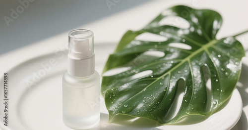 Minimalist Skincare Serum Bottle with Monstera Leaf and Water Droplets