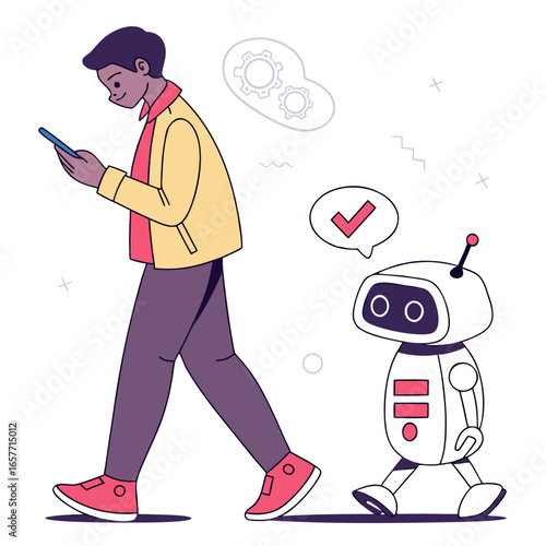 Man with robot companion using phone smartphone walking