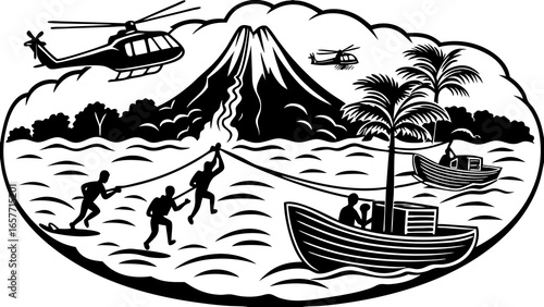 Dynamic scene depicting a volcanic eruption with people rescuing others via helicopter and boats.