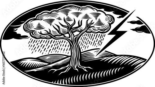 A striking black and white illustration of a tree amidst a storm with lightning and rain.