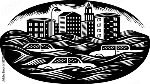 Challenging urban landscape illustration depicting cars submerged in floodwaters, capturing the impact of severe weather.