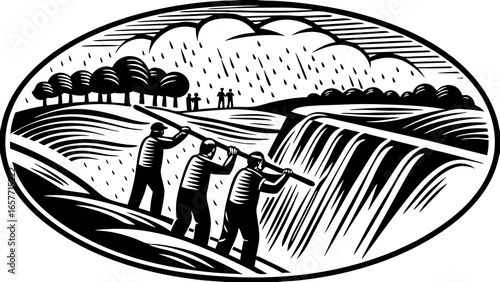 A striking monochrome illustration of three workers using a log at the edge of a waterfall, embodying teamwork and resilience.