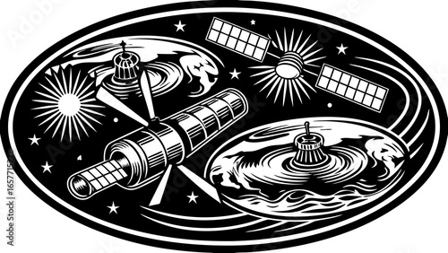 A stylized illustration of a futuristic spacecraft with rotating discs and solar panels in outer space.