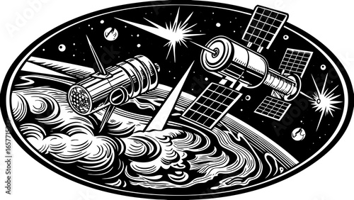 Illustration of a space station and satellite in orbit, surrounded by stars and planets.