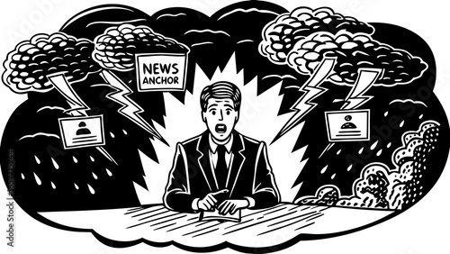 A male news anchor appears overwhelmed by chaotic weather and breaking news, depicted in a dramatic black and white style.