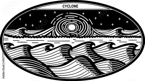 Stylized black and white illustration of a cyclone over waves with a rising sun, evoking a sense of motion and energy.