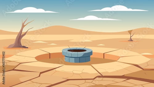 A serene oasis in a vast desert landscape, featuring a circular stone well filled with clear blue water.