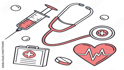 Medical icons stethoscope syringe heart pill first aid kit