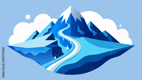 A stunning illustration of a serene blue mountain landscape with a winding river, surrounded by soft clouds.