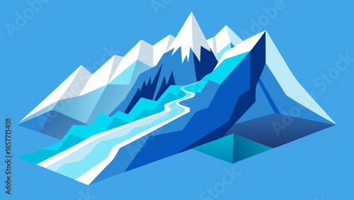 A stylized illustration of a mountain range, showcasing icy peaks and a winding river in vivid blue tones.