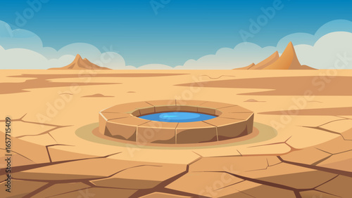 A desolate landscape featuring a stone well surrounded by cracked earth and sparse trees under a serene sky.