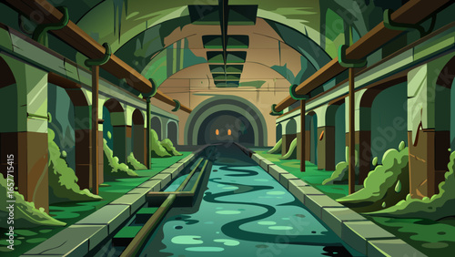 A mysterious underground tunnel with flowing water and eerie green hues.