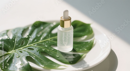 Minimalist Skincare Serum Bottle with Monstera Leaf and Water Droplets