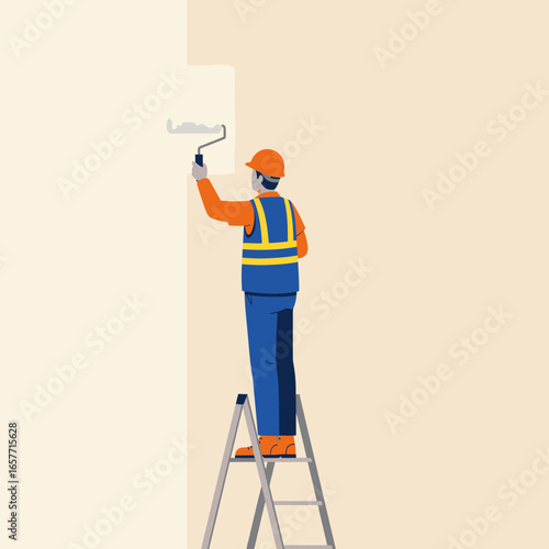 A skilled professional painter in safety gear is diligently applying fresh white paint to a wall using a roller while standing on a tall ladder.
