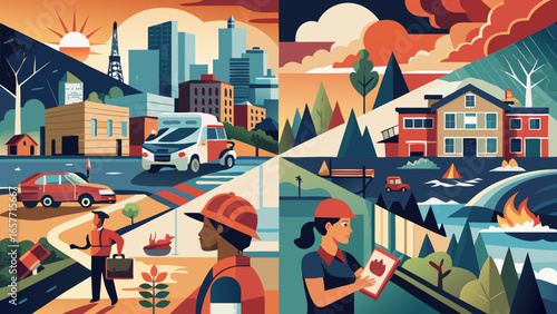 A vibrant illustration showcasing urban and rural life, featuring diverse individuals and a range of vehicles in various settings.