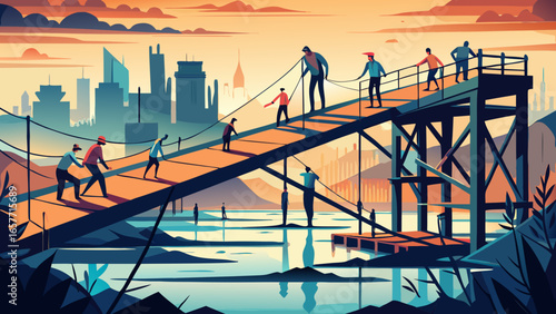 A vibrant illustration of diverse workers collaboratively building a bridge at sunset, symbolizing unity and progress.