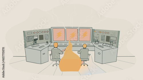 Two operators monitor high-tech controls in a modern command center, analyzing data and responding to alerts.